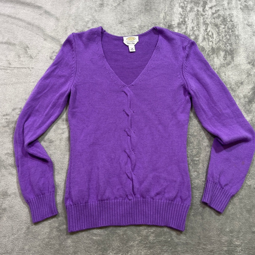 Talbots V-Neck Sweater Women M Purple Braided Cable Knit Cashmere Wool‎